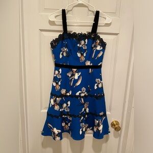 🙋‍♀️Foxiedox Blue and Black Lace Trim Iris Print Floral Sundress Cocktail